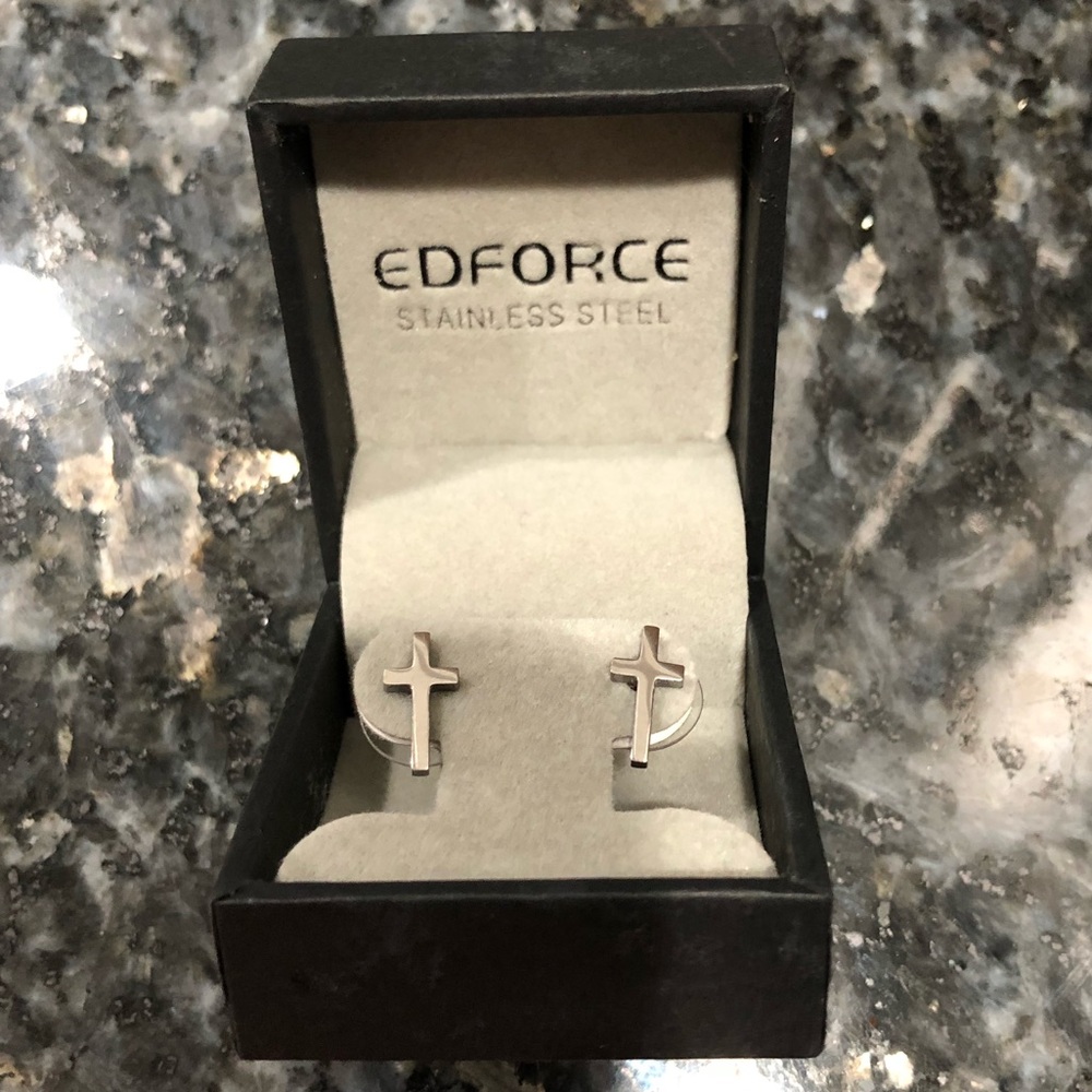 BWT Ed Force stainless steel cross stud earrings.